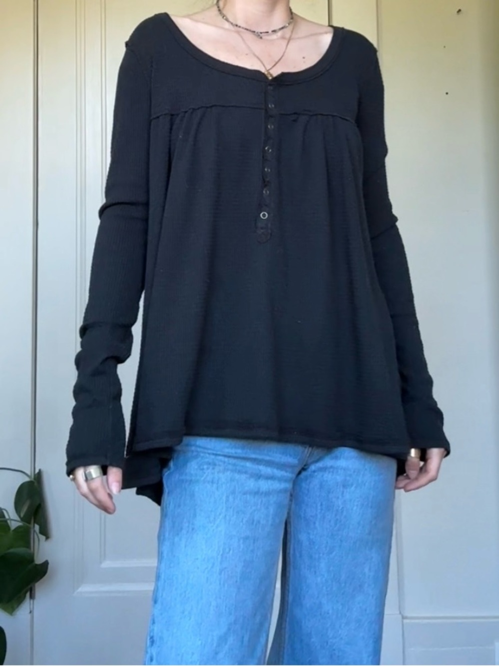 Free People Black Long-Sleeve Scoop Neck Button-Front Women's Top